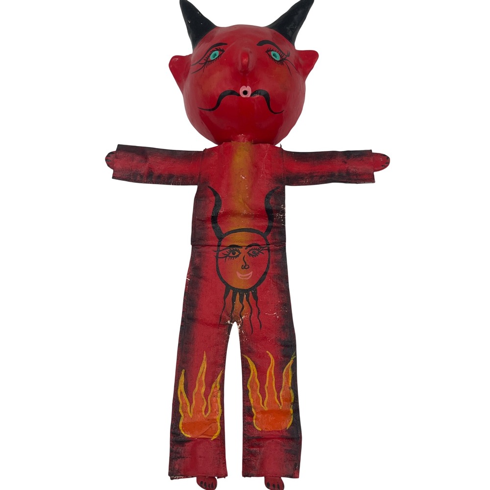 Vintage Mexican Folk Art Coconut Shell Mask Canvas Body El Diablo Halloween